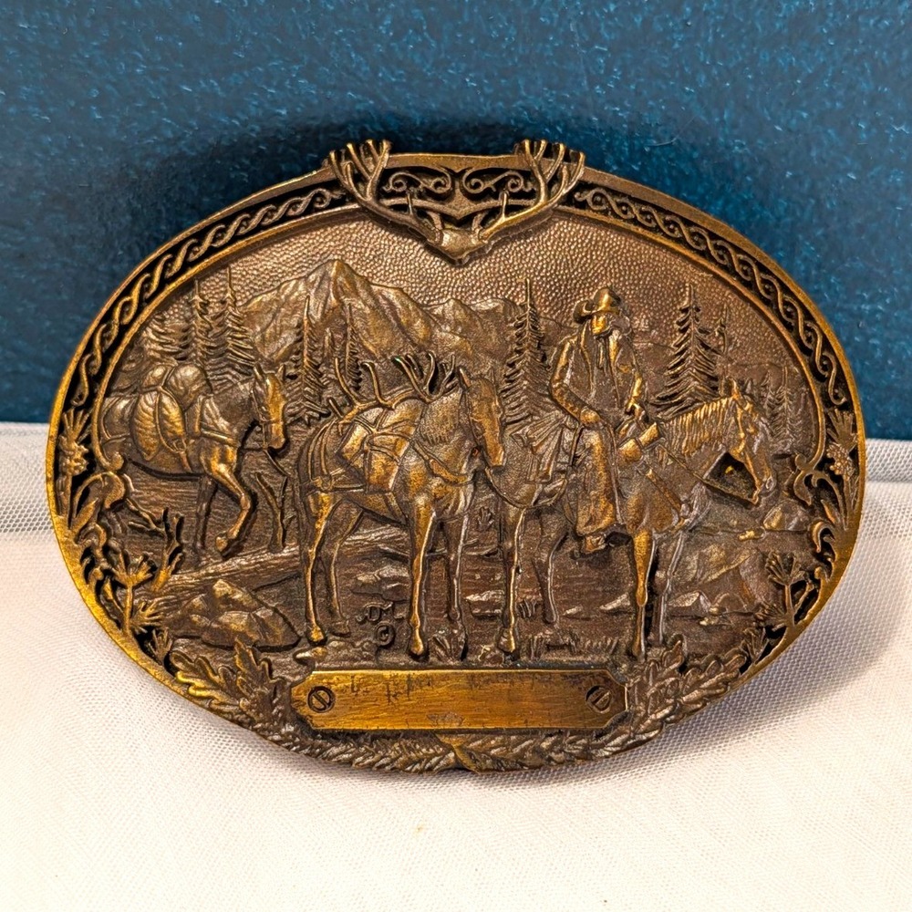 Montana Silversmiths Pack Horses and Rider Western Belt Buckle Antler Brass